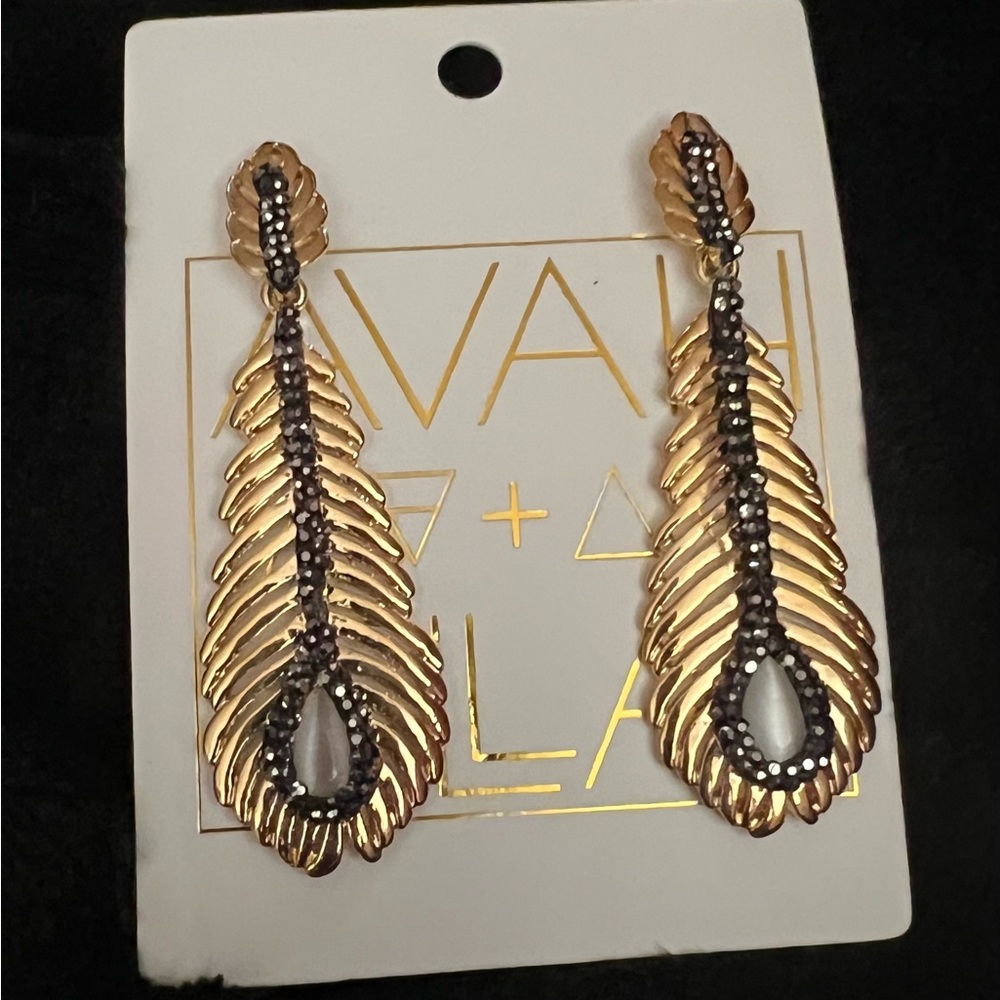 Avah Ella  Gold tone peacock Feather drop Earrings